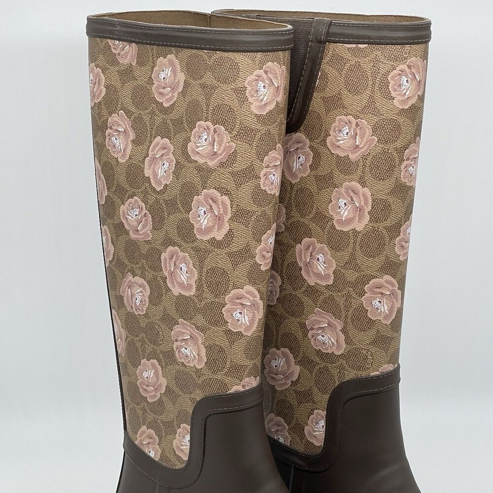 Coach Signature Rubber Rain Boots Tan Women’s 8B Dark Brown Floral Pink Coquette - Picture 12 of 16